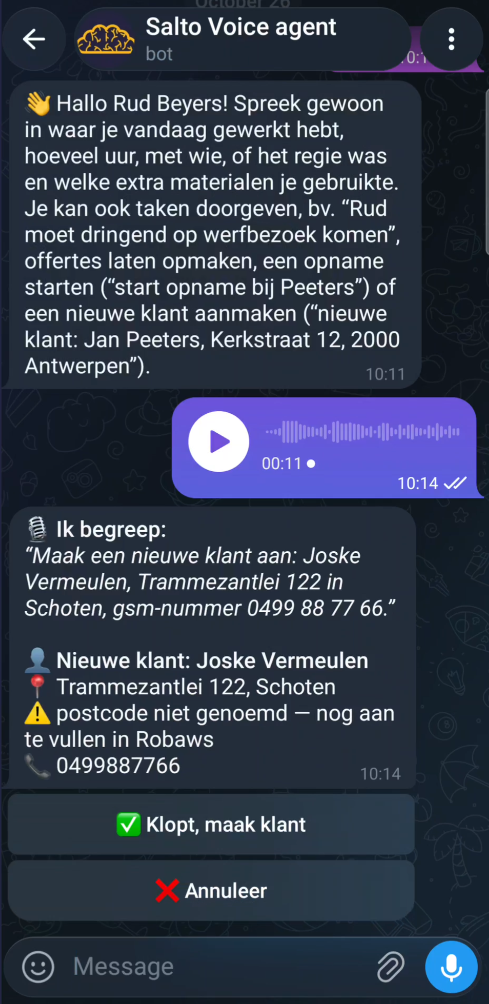 Een klant aanmaken in Robaws via een voice bericht